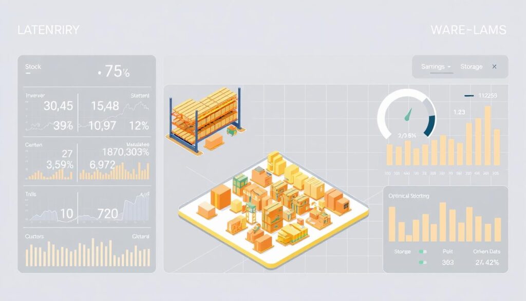 A well-organized warehouse inventory data dashboard with a clean, modern design. In the foreground, a grid of numerical data and graphs visualizing key metrics like stock levels, turnover, and storage utilization. In the middle ground, a 3D isometric illustration of the warehouse layout, color-coded to indicate optimal slotting and inventory distribution. The background features a neutral gray gradient, with subtle grid lines and icons denoting data sources. Soft, neutral lighting casts a professional, analytical tone. The overall composition conveys a sense of efficient, data-driven warehouse management. A well-organized warehouse inventory data dashboard with a clean, modern design. In the foreground, a grid of numerical data and graphs visualizing key metrics like stock levels, turnover, and storage utilization. In the middle ground, a 3D isometric illustration of the warehouse layout, color-coded to indicate optimal slotting and inventory distribution. The background features a neutral gray gradient, with subtle grid lines and icons denoting data sources. Soft, neutral lighting casts a professional, analytical tone. The overall composition conveys a sense of efficient, data-driven warehouse management.