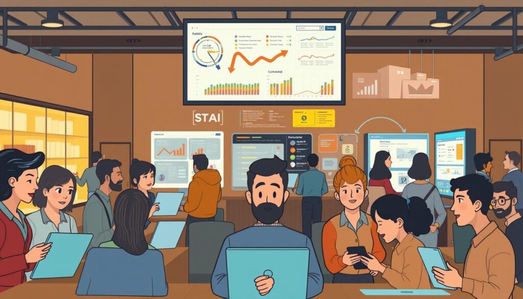 A wide variety of industries applying AI-powered customer sentiment analysis. In the foreground, a diverse group of customers interacting with various digital interfaces - laptops, smartphones, kiosks - their facial expressions and body language captured. In the middle ground, data visualizations, sentiment analysis dashboards, and AI models processing customer feedback. The background features different business settings - a retail store, a call center, an e-commerce website - where customer sentiment insights are driving decision-making. Warm, muted lighting casts a professional, analytical atmosphere. The camera angle is slightly elevated, providing an overview of the applications of this AI technology across multiple sectors.