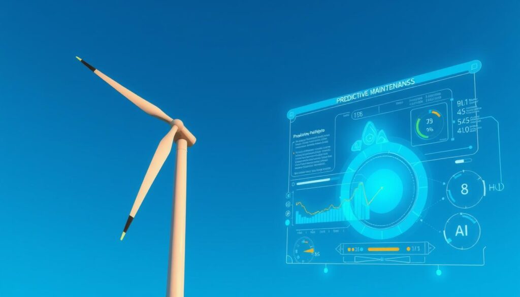 A wind turbine standing tall against a backdrop of a clear blue sky, its blades spinning effortlessly. In the foreground, a glowing AI interface overlays the turbine, displaying real-time data and predictive maintenance insights. The interface features sleek graphs, color-coded indicators, and intuitive controls, showcasing how AI-driven analytics can optimize turbine efficiency and reduce maintenance costs. The scene conveys a sense of technological innovation, harmonious integration, and the financial benefits of leveraging AI for predictive maintenance in the wind energy industry.