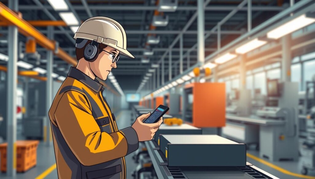 An industrial assembly line with various quality control stations. A worker in a hardhat and protective gear uses a handheld device to scan and collect data from a product on the line. Bright overhead lighting casts dramatic shadows, and the surrounding environment is clean, modern, and organized. The background is blurred, emphasizing the focal point of the data collection process. The mood is one of precision, efficiency, and technological advancement.