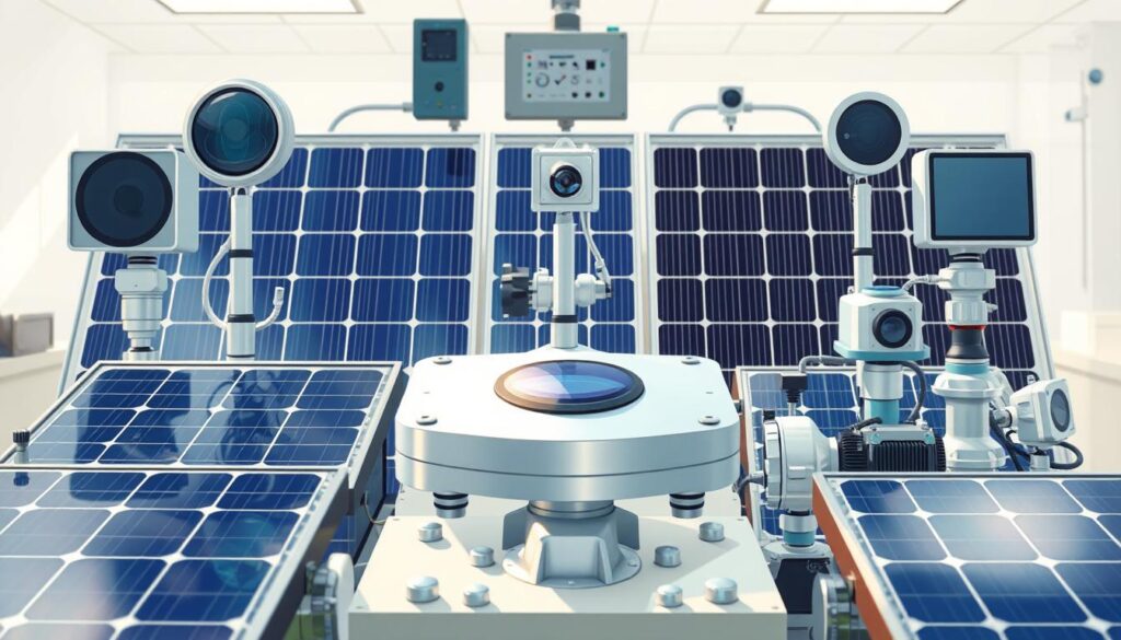 sources of solar energy data, close-up view of various solar panels, sensors, and monitoring devices in a bright, well-lit laboratory setting. Clean, modern aesthetic with a focus on technical precision. Diffused natural lighting casts gentle shadows, highlighting the glossy surfaces and intricate components. Carefully arranged in a symmetrical grid layout, conveying a sense of organized data collection. Vibrant color tones, such as shades of blue, silver, and black, create a sleek, high-tech atmosphere. Detailed textures and materials showcase the advanced technology powering solar energy research and analysis.