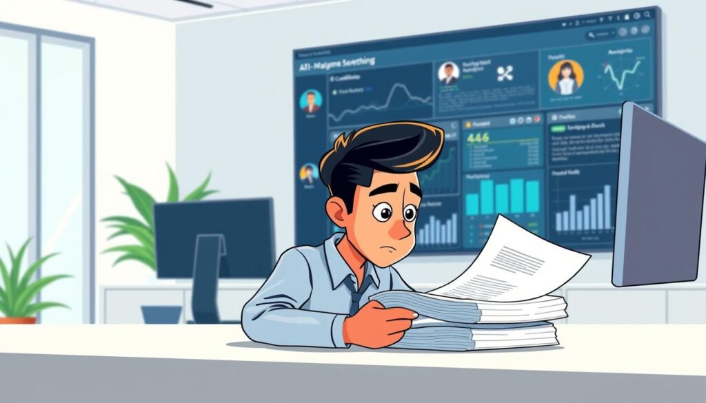 A bright, modern office setting with a sleek, minimalist desk and computer display. In the foreground, a hiring manager intently reviewing a stack of resumes, their face focused and pensive. Behind them, a large wall-mounted display showing a visual analytics dashboard with candidate profiles, skills, and matching metrics. The lighting is soft and indirect, creating a professional yet approachable atmosphere. The overall scene conveys the efficiency and data-driven nature of AI-powered resume screening and candidate matching processes.