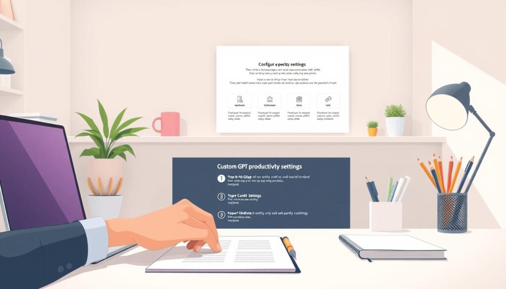A bright, well-lit workspace with a laptop, notebook, and various stationery items arranged neatly on a modern, minimalist desk. In the foreground, a hand is shown carefully configuring the settings of a custom GPT-based productivity coach, with a focused, determined expression. The middle ground features a step-by-step visual guide outlining the setup process, presented in a clean, informative manner. The background showcases a serene, uncluttered environment, emphasizing the calm and organized atmosphere conducive to productive work. A bright, well-lit workspace with a laptop, notebook, and various stationery items arranged neatly on a modern, minimalist desk. In the foreground, a hand is shown carefully configuring the settings of a custom GPT-based productivity coach, with a focused, determined expression. The middle ground features a step-by-step visual guide outlining the setup process, presented in a clean, informative manner. The background showcases a serene, uncluttered environment, emphasizing the calm and organized atmosphere conducive to productive work.