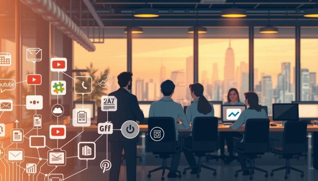 A bustling business hub, illuminated by warm, diffuse lighting. In the foreground, a diverse array of digital channels - YouTube, Slack, blog, newsletter, and various social media platforms - are displayed as sleek, interconnected icons. The middle ground showcases a team of AI specialists, collaborating and strategizing the optimal channel mix for their news digest venture. The background features a dynamic cityscape, hinting at the global reach and potential of the AI-powered content distribution. An atmosphere of focus, innovation, and opportunity pervades the scene, capturing the essence of "Choosing channels: YouTube, Slack, blog, newsletter, and platform fit" for a successful AI-driven news digest business. A bustling business hub, illuminated by warm, diffuse lighting. In the foreground, a diverse array of digital channels - YouTube, Slack, blog, newsletter, and various social media platforms - are displayed as sleek, interconnected icons. The middle ground showcases a team of AI specialists, collaborating and strategizing the optimal channel mix for their news digest venture. The background features a dynamic cityscape, hinting at the global reach and potential of the AI-powered content distribution. An atmosphere of focus, innovation, and opportunity pervades the scene, capturing the essence of "Choosing channels: YouTube, Slack, blog, newsletter, and platform fit" for a successful AI-driven news digest business.