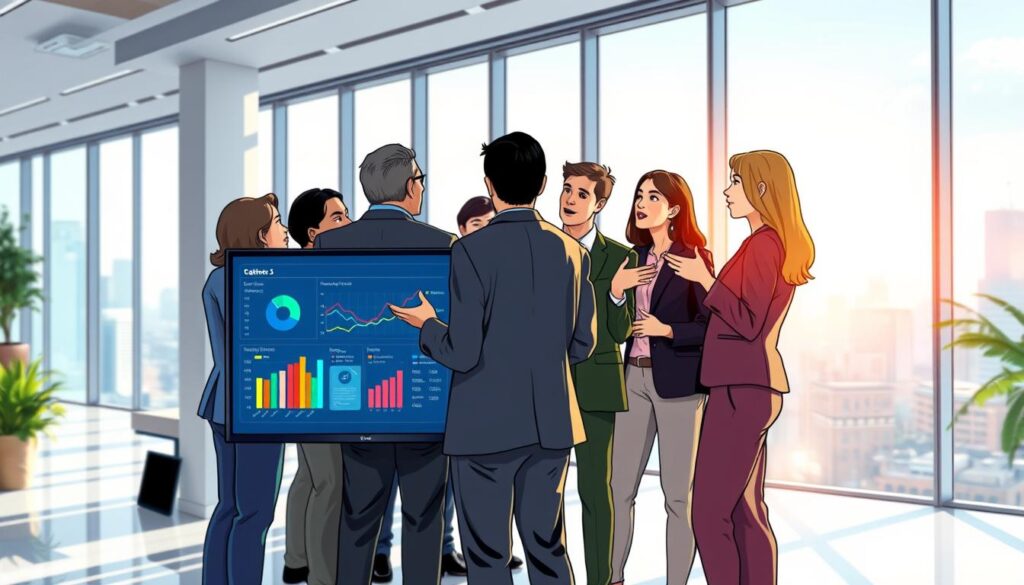 A bustling modern office interior, illuminated by bright, natural light streaming through floor-to-ceiling windows. In the foreground, a group of diverse professionals engaged in thoughtful discussion, gesturing animatedly as they review analytics displayed on a large, interactive screen. The middle ground features a dynamic visualization, showcasing key employee retention metrics with vibrant charts and graphs. In the background, a serene cityscape backdrop, conveying a sense of progress and forward momentum. The overall atmosphere is one of collaboration, data-driven insights, and a commitment to optimizing organizational performance and reducing costly employee turnover. A bustling modern office interior, illuminated by bright, natural light streaming through floor-to-ceiling windows. In the foreground, a group of diverse professionals engaged in thoughtful discussion, gesturing animatedly as they review analytics displayed on a large, interactive screen. The middle ground features a dynamic visualization, showcasing key employee retention metrics with vibrant charts and graphs. In the background, a serene cityscape backdrop, conveying a sense of progress and forward momentum. The overall atmosphere is one of collaboration, data-driven insights, and a commitment to optimizing organizational performance and reducing costly employee turnover.