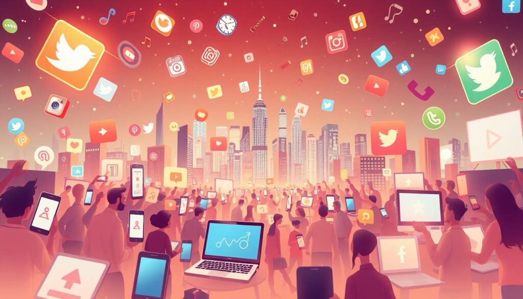A bustling social media landscape, captured through a dynamic lens. In the foreground, vibrant icons and symbols representing various platforms float in a soft, ethereal glow. The midground showcases a diverse array of digital devices, from smartphones to laptops, each showcasing engaging content and lively interactions. In the background, a cityscape of skyscrapers and tech hubs sets the stage, conveyed through a sleek, minimalist aesthetic. Warm lighting casts a inviting ambiance, while a sense of fluidity and interconnectivity permeates the scene, reflecting the ever-evolving nature of social media. The image exudes a sense of energy, innovation, and the power of digital communication in the modern world. A bustling social media landscape, captured through a dynamic lens. In the foreground, vibrant icons and symbols representing various platforms float in a soft, ethereal glow. The midground showcases a diverse array of digital devices, from smartphones to laptops, each showcasing engaging content and lively interactions. In the background, a cityscape of skyscrapers and tech hubs sets the stage, conveyed through a sleek, minimalist aesthetic. Warm lighting casts a inviting ambiance, while a sense of fluidity and interconnectivity permeates the scene, reflecting the ever-evolving nature of social media. The image exudes a sense of energy, innovation, and the power of digital communication in the modern world.