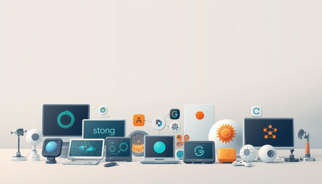 A carefully curated arrangement of AI-powered tools, meticulously positioned against a sleek, minimalist backdrop. The foreground features an assortment of cutting-edge applications, each showcasing its unique capabilities through elegant visual metaphors. The middle ground showcases a diverse range of complementary tools, their strengths and weaknesses thoughtfully juxtaposed. In the background, a harmonious blend of soft lighting and muted tones creates a sense of balance and sophistication, inviting the viewer to explore the nuances of this comprehensive AI tool landscape.