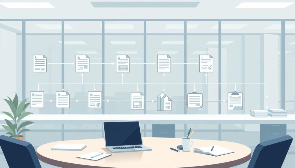A clean, minimalist patent workflow diagram depicting a step-by-step process in a corporate office setting. The foreground shows various document icons, folders, and digital forms arranged in a logical sequence. The middle ground features a desk with a laptop, stylus, and other office supplies, creating a sense of workspace. The background showcases a modern, well-lit interior with floor-to-ceiling windows, providing a bright and professional atmosphere. The lighting is soft and diffused, creating subtle shadows and highlights that enhance the depth and clarity of the scene. The overall composition is balanced, symmetrical, and conveys a sense of efficiency and organization, reflecting the best practices for a patent infringement detection workflow.