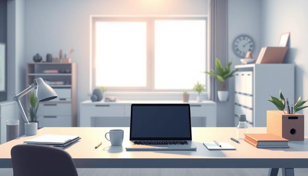 A clean, modern office workspace with a large desk, a laptop, a coffee mug, and various office supplies arranged in an organized, workflow-focused layout. Soft, indirect lighting from a large window casts a warm, focused glow on the workspace. The background is blurred but hints at a minimalist, minimalist decor with subtle grey tones. The composition emphasizes efficiency, productivity, and the streamlining of repetitive business tasks through a thoughtful, AI-driven workflow.