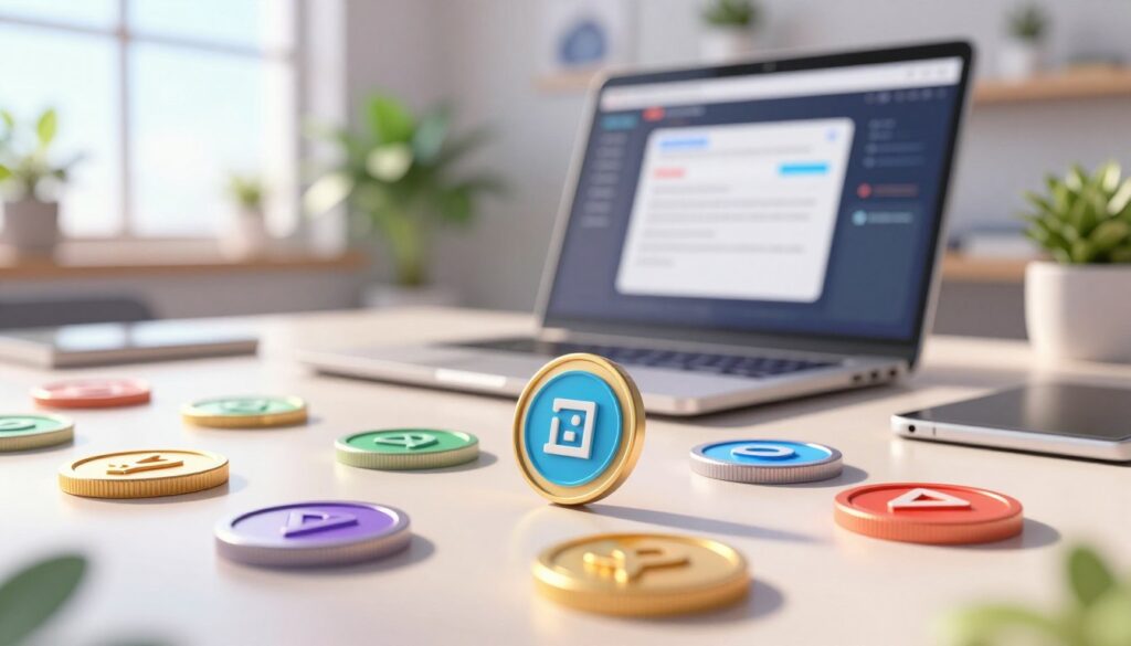 A close-up view of a variety of colorful digital tokens scattered across a sleek, modern workspace. In the foreground, a few tokens are prominently displayed, showcasing intricate designs and symbols that represent different applications and functionalities. The middle ground features a laptop with a dynamic interface, partially obscured by a soft-focus effect to depict a sense of ongoing activity and innovation. The background is subtly blurred to suggest a bright, airy office environment filled with plants and modern decor. Natural light streams through a large window, casting soft shadows that create a warm, inviting atmosphere. The overall mood conveys a sense of creativity, organization, and technological advancement, perfect for illustrating the concept of managing digital assets efficiently.