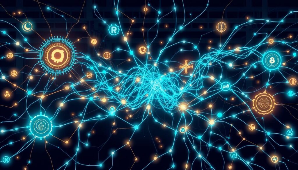 A complex web of intertwined data signals, representing the intricate landscape of tax-evasion patterns. Luminous glyphs and arcane symbols dance across a dark, industrial backdrop, hinting at the hidden algorithms sifting through the ocean of financial transactions. Stark lighting casts dramatic shadows, emphasizing the tension and gravity of the subject matter. Sleek, futuristic interfaces display real-time analytics, offering a glimpse into the AI-powered tools used to uncover the elusive patterns of tax evasion. The overall atmosphere is one of technological sophistication, underscored by a sense of investigative urgency and the weight of uncovering financial misdeeds.