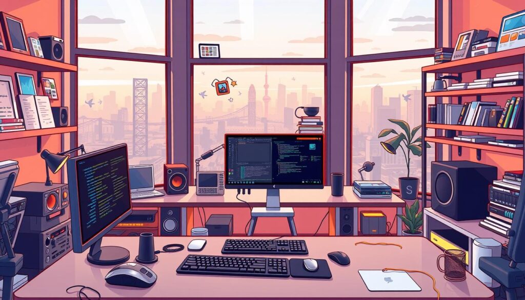 A cozy and creative workspace filled with a diverse array of modern, sleek coding tools. In the foreground, a minimalist desk setup with a high-resolution monitor, a clutter-free keyboard, and a precision mouse. Beside it, an ergonomic chair with accent lighting that casts a warm, productive glow. In the middle ground, shelves stocked with a collection of advanced programming languages, code editors, and cloud computing devices. The background showcases large windows providing ample natural light and a serene view of a bustling city skyline. The overall atmosphere exudes a sense of focus, innovation, and a passion for the craft of 'vibe coding'.