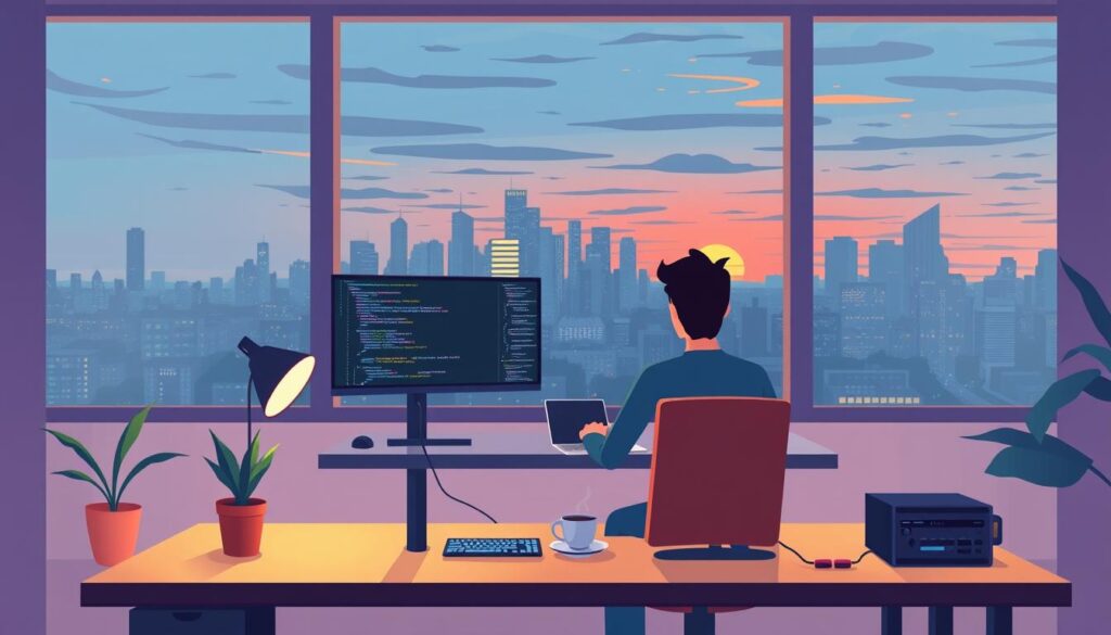 A cozy, well-lit coding studio with a large window overlooking a bustling city skyline. In the foreground, a developer sits at a sleek, minimalist desk, deeply engaged with their dual monitors displaying intricate lines of code. Soft, ambient lighting gently illuminates the space, creating a serene and focused atmosphere. The middle ground features various desk accessories, including a potted plant, a stylish lamp, and a cup of steaming coffee. In the background, the city skyline is visible, with skyscrapers and a vibrant sunset painting the horizon in warm hues. The overall scene conveys a sense of productivity, creativity, and a harmonious "vibe" that inspires the coder to write high-quality, elegant code. A cozy, well-lit coding studio with a large window overlooking a bustling city skyline. In the foreground, a developer sits at a sleek, minimalist desk, deeply engaged with their dual monitors displaying intricate lines of code. Soft, ambient lighting gently illuminates the space, creating a serene and focused atmosphere. The middle ground features various desk accessories, including a potted plant, a stylish lamp, and a cup of steaming coffee. In the background, the city skyline is visible, with skyscrapers and a vibrant sunset painting the horizon in warm hues. The overall scene conveys a sense of productivity, creativity, and a harmonious "vibe" that inspires the coder to write high-quality, elegant code.