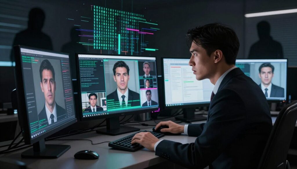 A darkened room with multiple computer screens displaying deepfake content, creating a sense of unease. In the foreground, a professional individual in business attire sits at a desk, looking concerned while analyzing the screens filled with altered faces and manipulated videos. The middle ground features a digital overlay of binary code and glitchy graphics, symbolizing the complexities of AI technology. In the background, indistinct silhouettes suggest a lurking threat, enhancing the atmosphere of insecurity and caution. The lighting is stark and high-contrast, creating dramatic shadows that heighten the mood. The perspective is slightly tilted, evoking a sense of instability, reflecting the unpredictable nature of deepfake technology and its security risks.