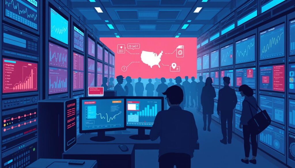 A data center bustling with activity, servers and monitors displaying graphs and analytics. In the foreground, a fraud detection system at work - algorithms scanning transactions, red flags highlighting potential anomalies. The scene is bathed in a cool, blue-tinted lighting, conveying a sense of precision and vigilance. In the background, the silhouettes of e-commerce platforms and online shoppers, the target audience for this AI-powered fraud prevention system. The overall mood is one of technological sophistication, security, and the reassuring presence of advanced analytics safeguarding sensitive financial data.