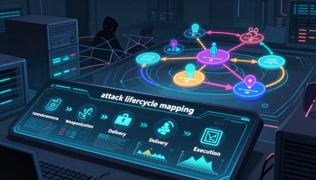 A detailed illustration of an "attack lifecycle mapping" concept. In the foreground, a sleek, futuristic digital dashboard displays phases of a cyber attack, such as reconnaissance, weaponization, delivery, and execution, with glowing icons and graphs demonstrating AI acceleration in each phase. The middle ground features a stylized flowchart with interconnected nodes and arrows, illuminated by neon colors, symbolizing the chaotic yet organized nature of cyber threats. In the background, a shadowy network of servers and data streams hints at the intricate web of hacking operations, with a dimly lit atmosphere that evokes tension and urgency. The scene captures a sense of high-tech intensity, contrasting dark and bright elements, with a focus on clarity and professionalism, suitable for educational purposes. A detailed illustration of an "attack lifecycle mapping" concept. In the foreground, a sleek, futuristic digital dashboard displays phases of a cyber attack, such as reconnaissance, weaponization, delivery, and execution, with glowing icons and graphs demonstrating AI acceleration in each phase. The middle ground features a stylized flowchart with interconnected nodes and arrows, illuminated by neon colors, symbolizing the chaotic yet organized nature of cyber threats. In the background, a shadowy network of servers and data streams hints at the intricate web of hacking operations, with a dimly lit atmosphere that evokes tension and urgency. The scene captures a sense of high-tech intensity, contrasting dark and bright elements, with a focus on clarity and professionalism, suitable for educational purposes.
