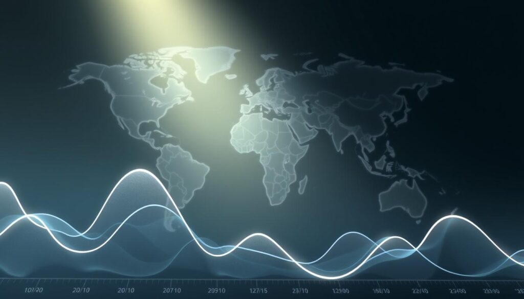 A detailed visualization of search volume trends, showcasing global and local data coverage for precise targeting. The foreground depicts a dynamic graph, its lines undulating like waves, representing the fluctuations in search activity across different regions and time periods. The middle ground features a world map, with various countries and continents highlighted, conveying the breadth of the data. In the background, a soft, ethereal glow emanates, creating a sense of depth and emphasizing the importance of this data-driven insight. Crisp, high-resolution rendering with a subtle, muted color palette to convey the analytical nature of the subject matter. Dramatic, cinematic lighting from the side, casting shadows and highlighting the contours of the data visualization.