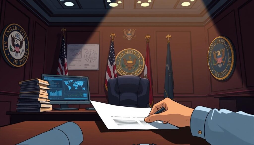 A dimly lit government office, the walls adorned with official seals and the American flag. On the desk, a stack of manila folders and a computer monitor displaying complex data visualizations. The lighting casts dramatic shadows, creating an atmosphere of seriousness and authority. In the foreground, a hand hovers over a document, signing off on critical decisions that impact businesses nationwide. The scene conveys the weight and responsibility of government oversight, the power of data-driven enforcement, and the profound implications for organizations navigating the shifting regulatory landscape.