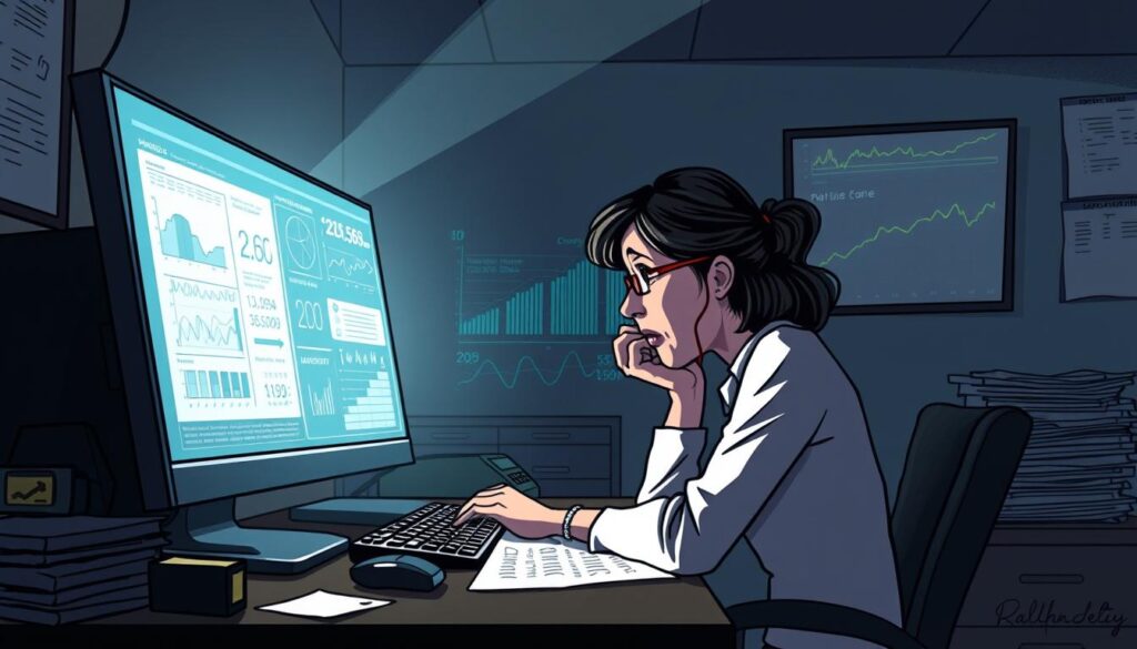 A dimly lit office, a woman hunched over a desk, poring over a computer screen filled with complex algorithms and data visualizations. The harsh glow of the monitor casts a sickly pallor on her weary face, as she struggles to make sense of the numbers that will determine the fate of her client's care. The room is sparse, with a few scattered papers and a stack of case files, reflecting the weight of the decisions that must be made. The atmosphere is tense, with the air thick with the gravity of the situation. A sense of unease permeates the scene, as the woman wrestles with the ethical implications of an automated system that holds so much power over the lives of vulnerable individuals.