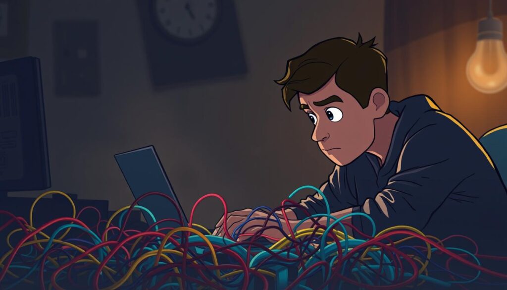 A dimly lit workspace, with a developer hunched over a laptop, their face illuminated by the soft glow of the screen. In the foreground, a tangle of colored wires and circuit boards, representing the complex decision-making logic of the software development process. The background is hazy, with a sense of uncertainty and contemplation, as the developer navigates the challenges of their craft. The lighting is dramatic, casting deep shadows and highlighting the concentration on the developer's face, conveying the weight of the decisions they must make. The overall atmosphere is one of focus, intensity, and the pursuit of intuitive solutions to complex problems.