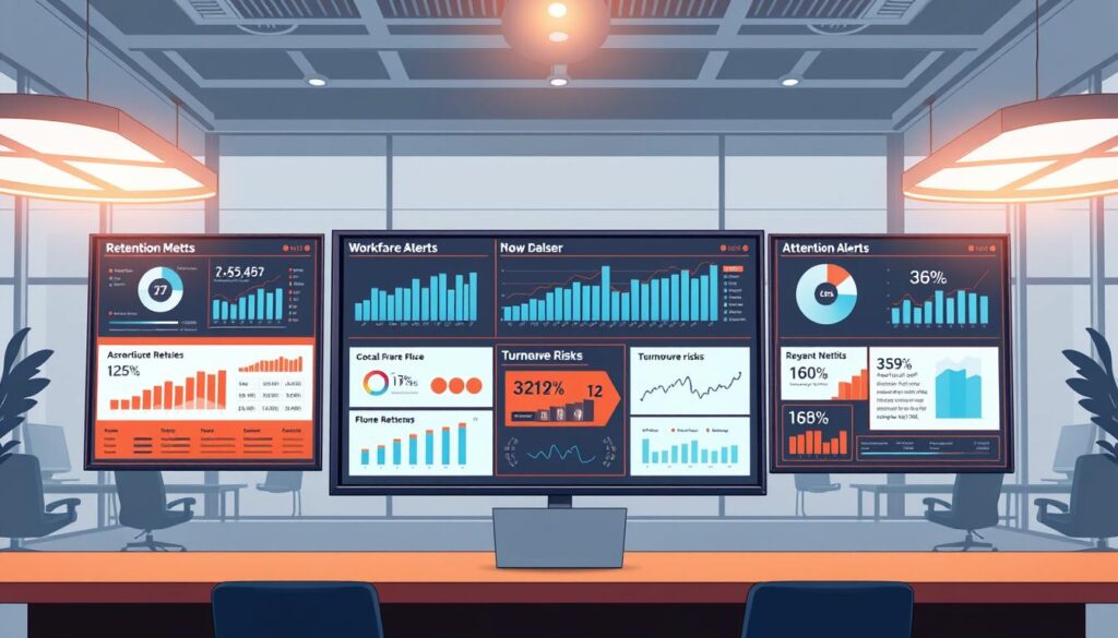 A dynamic data visualization dashboard against a backdrop of a modern, sleek office environment. In the foreground, a series of attention-grabbing retention alerts are displayed on high-resolution screens, presenting key workforce metrics and turnover risks. The middle ground features a team of analysts intently studying the data, their expressions conveying a sense of thoughtful concern. The background showcases the broader work landscape, with minimalist furniture, clean lines, and muted tones creating a professional, technology-driven atmosphere. Subtle lighting from overhead fixtures casts a warm glow, enhancing the sense of an organized, data-driven workspace focused on optimizing employee retention.