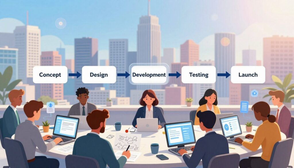 A dynamic illustration of the app lifecycle depicting a seamless transition from idea to live app. In the foreground, a stylized workspace with a diverse group of individuals in professional business attire, collaborating over sketches and digital devices. The middle layer showcases a flowchart with clear steps such as "Concept," "Design," "Development," "Testing," and "Launch," all interconnected by arrows illustrating progress. The background features a vibrant city skyline, symbolizing the app's real-world impact upon launch, under a bright and inspiring sky. Soft lighting enhances the creativity in the workspace, while lens flare effects add a sense of innovation and forward momentum. The overall mood conveys excitement and collaboration in the tech-driven environment.