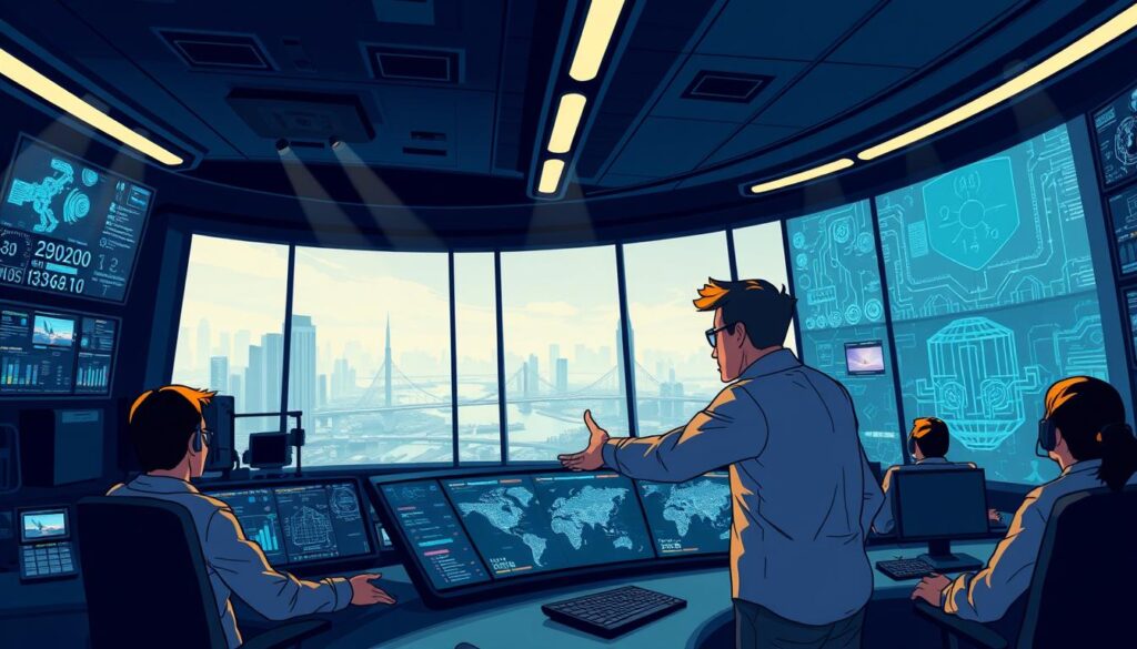 A futuristic control room with high-tech security panels, holographic displays, and a team of operators closely monitoring live surveillance feeds. Dramatic overhead lighting casts long shadows, creating a sense of urgency and intensity. In the foreground, a lead analyst gestures towards a large, curved screen, showcasing complex threat data visualizations. The background features a panoramic view of a cityscape, with skyscrapers and bridges visible through large, tinted windows. The mood is one of vigilance, precision, and the weight of critical decision-making in the face of evolving security challenges.