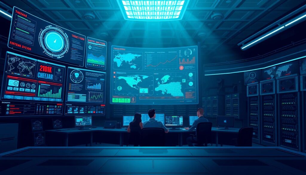 A futuristic control room with real-time threat detection displays. The foreground features a sprawling holographic dashboard with live data streams, threat maps, and security alerts. The middle ground showcases a team of analysts intently monitoring the displays, their faces illuminated by the glow of the screens. In the background, a vast expanse of darkened servers and racks of hardware, casting an ominous yet technological atmosphere. Dramatic blue and green lighting accentuates the scene, creating a sense of urgency and high-stakes cybersecurity operations. The overall mood is one of vigilance, with the team working tirelessly to safeguard critical systems against emerging threats.
