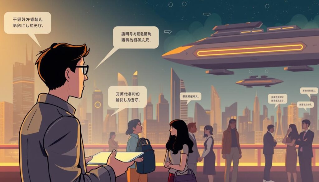 A futuristic scene depicting real-time multilingual translation. In the foreground, a person interacts with a sleek, holographic interface, their words seamlessly converted into various languages. The middle ground features diverse individuals conversing, their speech bubbles displaying translations. In the background, a cityscape with high-rise buildings and floating transport modules, all suffused with a warm, subtle glow that creates an atmosphere of technological advancement and global connectivity. Dramatic lighting illuminates the scene, casting dramatic shadows and highlighting the streamlined, minimalist aesthetic. Capture this vision of AI-driven, multilingual translation serving the needs of a modern, cosmopolitan public. A futuristic scene depicting real-time multilingual translation. In the foreground, a person interacts with a sleek, holographic interface, their words seamlessly converted into various languages. The middle ground features diverse individuals conversing, their speech bubbles displaying translations. In the background, a cityscape with high-rise buildings and floating transport modules, all suffused with a warm, subtle glow that creates an atmosphere of technological advancement and global connectivity. Dramatic lighting illuminates the scene, casting dramatic shadows and highlighting the streamlined, minimalist aesthetic. Capture this vision of AI-driven, multilingual translation serving the needs of a modern, cosmopolitan public.