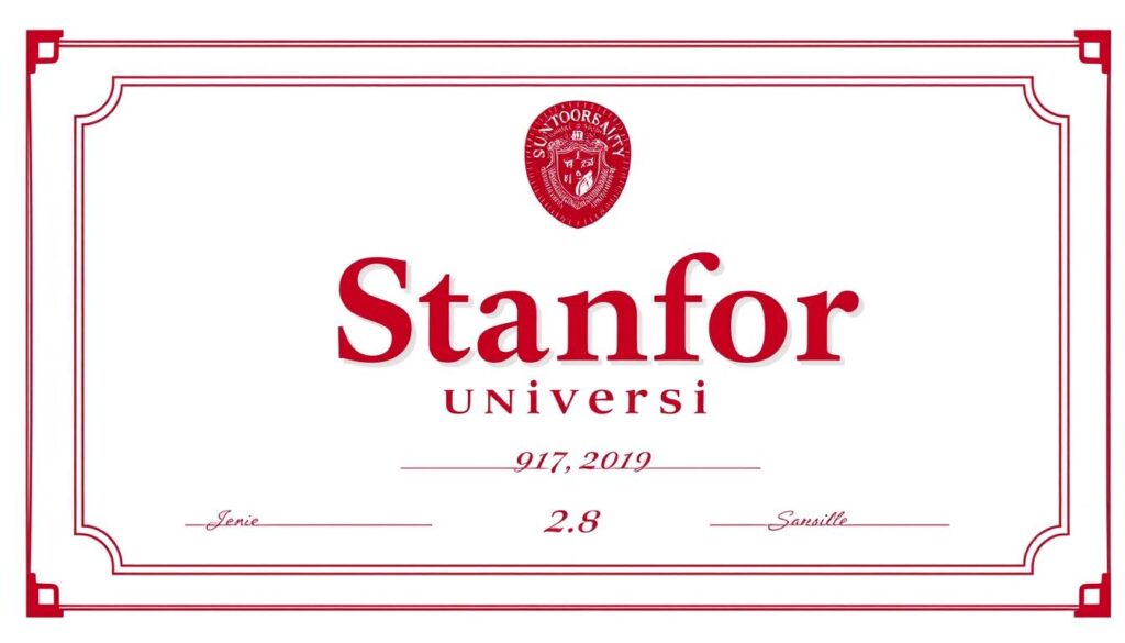 A high-quality certificate with a clean, modern design, featuring the Stanford University logo prominently displayed. The certificate has a crisp, high-contrast appearance, with a parchment-like texture and subtle embossed elements. The background is a neutral, off-white shade, allowing the certificate's details to take center stage. The text is set in a professional, elegant typeface, conveying a sense of academic prestige and credibility. The overall composition is balanced and visually appealing, with a focus on the certificate's key details and branding. The lighting is soft and natural, creating a sense of depth and dimension.