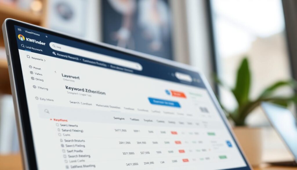 A high-resolution close-up shot of the KWFinder software interface, showcasing its local keyword research capabilities. The foreground displays the main dashboard, featuring detailed keyword metrics such as search volume, keyword difficulty, and SERP competition. The middle ground highlights the interface's clean and intuitive design, with easy-to-navigate menus and filtering options. The background subtly blurs, drawing the viewer's focus to the core functionality of the tool. The lighting is soft and natural, creating a professional and trustworthy atmosphere. The angle is slightly elevated, providing an optimal view of the software's key features and capabilities for local SEO analysis.