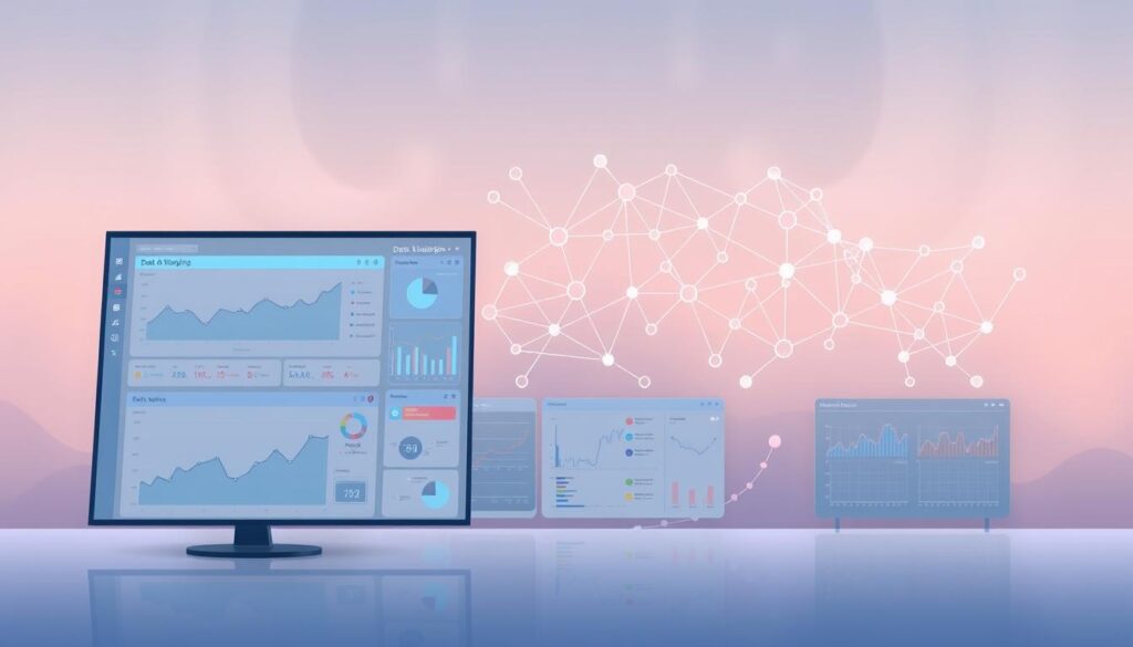 A high-resolution, detailed image of a data visualization dashboard. The foreground features various charts, graphs, and data visualizations displayed on a clean, minimalist user interface. The middle ground shows a stylized network of interconnected data points, nodes, and lines, suggesting the complex relationships and flows within the data. The background has a subtle, atmospheric texture with soft lighting, creating a sense of depth and focus on the data analytics. The overall mood is one of sophistication, clarity, and technical proficiency, reflecting the capabilities of a powerful AI-driven SaaS platform.