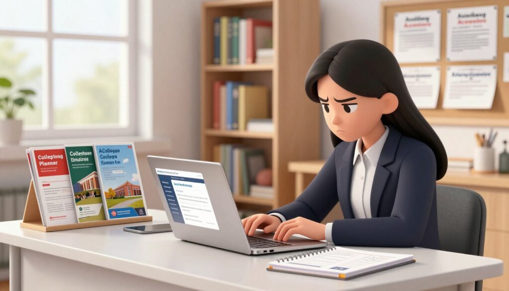 A high school student sitting at a sleek, modern desk, deeply focused on a laptop screen displaying an AI college application planner interface. The foreground features the student, a young Asian female, dressed in smart casual attire, her brow slightly furrowed in concentration. In the middle ground, a variety of colorful college brochures and a planner with handwritten notes are neatly organized. The background shows a well-lit room, with shelves filled with academic books and a bulletin board covered in college acceptance letters. Soft, natural light filters through a window, creating an optimistic and encouraging atmosphere. The composition highlights the intersection of technology and education, capturing the essence of modern college preparation tools.