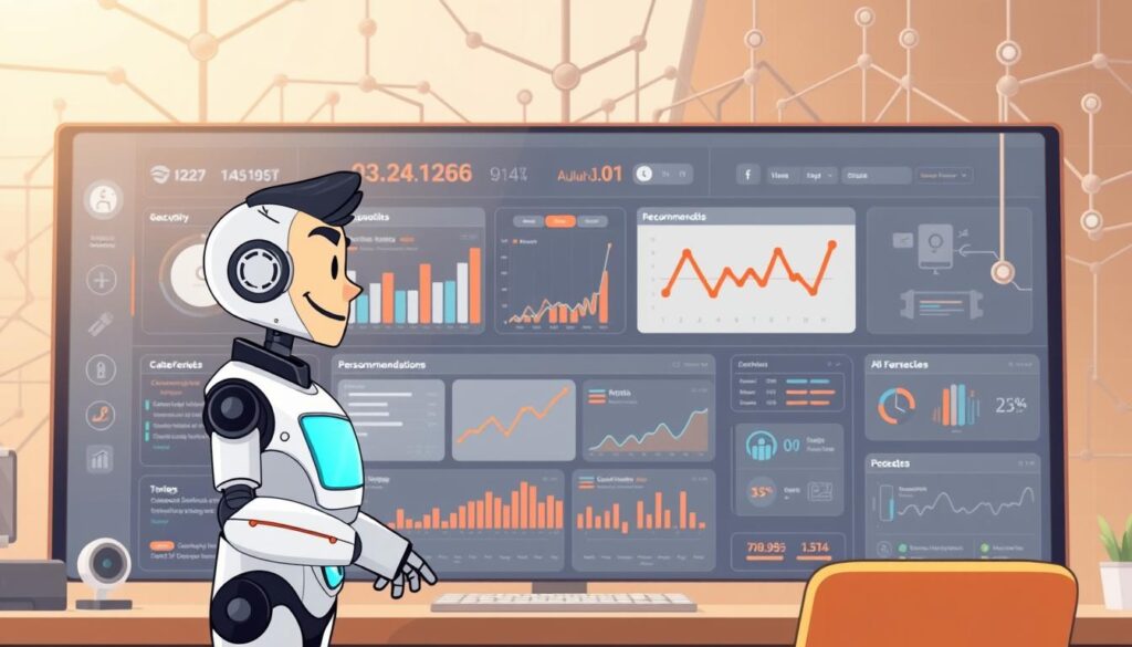 A high-tech customer service dashboard with a sleek and intuitive user interface. In the foreground, a virtual assistant chatbot interacts with a customer, offering personalized recommendations and real-time support. The middle ground features various analytics and insights, displayed on a series of interactive panels and graphs. In the background, a network of interconnected devices and data streams suggests the powerful AI-driven personalization capabilities powering the system. Warm, muted lighting creates a professional, yet inviting atmosphere, while the overall composition conveys a sense of efficiency, automation, and enhanced customer experience. A high-tech customer service dashboard with a sleek and intuitive user interface. In the foreground, a virtual assistant chatbot interacts with a customer, offering personalized recommendations and real-time support. The middle ground features various analytics and insights, displayed on a series of interactive panels and graphs. In the background, a network of interconnected devices and data streams suggests the powerful AI-driven personalization capabilities powering the system. Warm, muted lighting creates a professional, yet inviting atmosphere, while the overall composition conveys a sense of efficiency, automation, and enhanced customer experience.