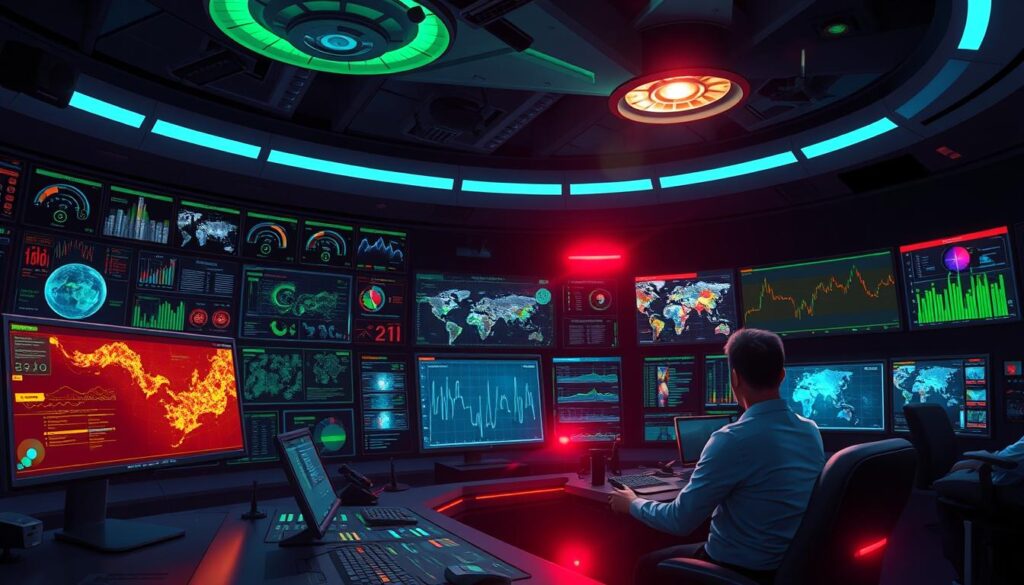 A high-tech data visualization dashboard displays real-time information streams from various sensors and feeds. Crisp, vibrant colors illuminate a futuristic command center, with sleek monitors and holographic projections illuminating the dimly lit space. The scene evokes a sense of urgency and purpose, as analysts interpret complex data to gain situational awareness and coordinate an effective disaster response. Dramatic lighting casts dramatic shadows, while a sense of technological sophistication permeates the environment. The overall mood is one of control, efficiency, and the power of data-driven decision-making.