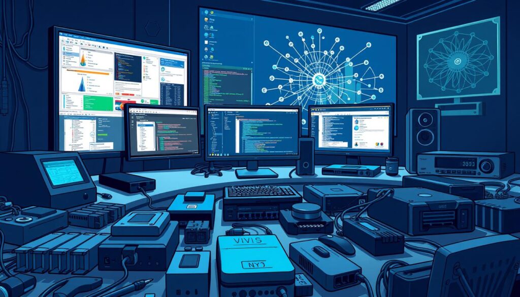 A high-tech malware analysis workstation with advanced cybersecurity tools scattered across a sleek, modern desk. In the foreground, various hardware components like CPUs, hard drives, and network devices create a complex technological landscape. In the middle, several software programs are displayed on a multi-monitor setup, each depicting different stages of the malware analysis process. In the background, a large display shows a network visualization, highlighting the interconnected nature of the analysis workflow. The lighting is cool and subdued, creating a focused, professional atmosphere. The composition emphasizes the technical depth and sophistication of the modern malware analysis stack. A high-tech malware analysis workstation with advanced cybersecurity tools scattered across a sleek, modern desk. In the foreground, various hardware components like CPUs, hard drives, and network devices create a complex technological landscape. In the middle, several software programs are displayed on a multi-monitor setup, each depicting different stages of the malware analysis process. In the background, a large display shows a network visualization, highlighting the interconnected nature of the analysis workflow. The lighting is cool and subdued, creating a focused, professional atmosphere. The composition emphasizes the technical depth and sophistication of the modern malware analysis stack.
