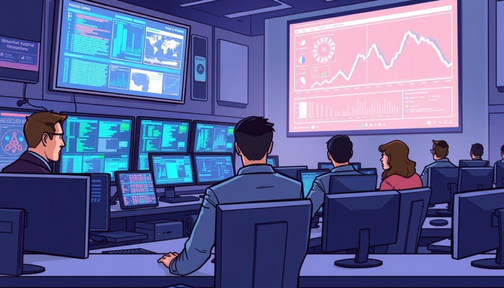 A high-tech security operations center, with rows of monitors displaying real-time data feeds from various network sensors. In the foreground, a team of cybersecurity analysts intently studying the screens, their expressions a mix of focus and concern. The middle ground features sleek, futuristic workstations and advanced security software interfaces. In the background, a large projection screen displays a dynamic data visualization, highlighting the detection and analysis of potential zero-day vulnerabilities as they emerge. The atmosphere is one of vigilance, with an underlying sense of urgency and the weight of responsibility to protect critical systems.