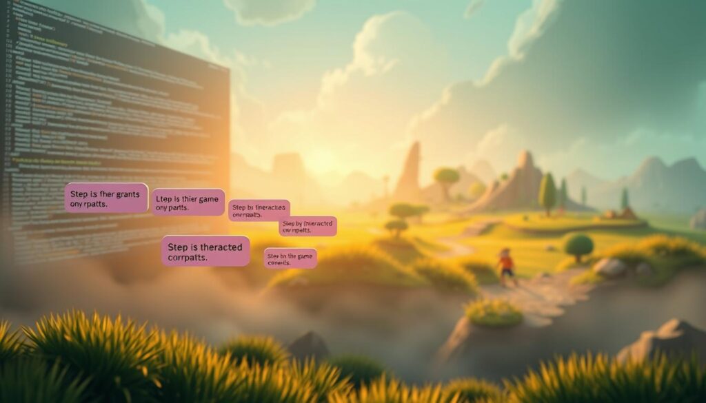A meticulously crafted scene depicting step-by-step prompts transforming into a fully interactive game environment. In the foreground, a series of prompts float against a backdrop of code and UI elements, casting a warm glow. In the middle ground, the prompts morph and coalesce, forming the outline of a 3D game world. In the distance, the scene opens up to reveal a lush, vibrant landscape, complete with characters and objects responding dynamically to user inputs. Soft, diffused lighting illuminates the entire composition, creating a sense of depth and atmosphere. The scene conveys the seamless integration of language-based prompts and immersive, AI-powered gameplay. A meticulously crafted scene depicting step-by-step prompts transforming into a fully interactive game environment. In the foreground, a series of prompts float against a backdrop of code and UI elements, casting a warm glow. In the middle ground, the prompts morph and coalesce, forming the outline of a 3D game world. In the distance, the scene opens up to reveal a lush, vibrant landscape, complete with characters and objects responding dynamically to user inputs. Soft, diffused lighting illuminates the entire composition, creating a sense of depth and atmosphere. The scene conveys the seamless integration of language-based prompts and immersive, AI-powered gameplay.