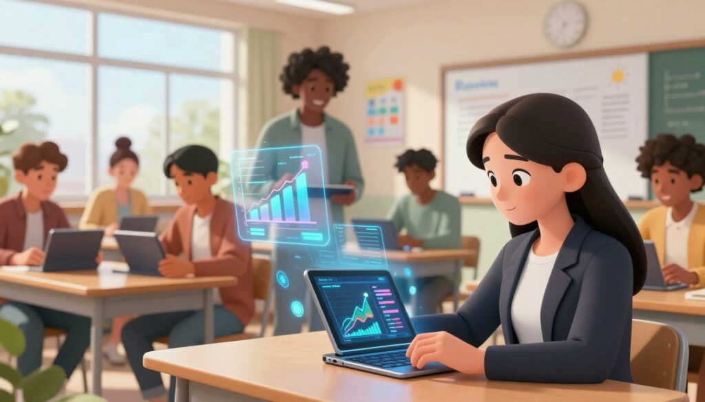 A modern classroom scene depicting a diverse group of students engaged with AI-powered analytics on their tablets. In the foreground, a focused female student in professional attire examines her academic progress on a sleek device, with visual data graphs displayed on the screen. The middle ground features a few fellow students of different ethnicities collaborating, surrounded by floating holographic charts illustrating concepts of growth and achievement. The background shows a bright, well-lit classroom with large windows, a whiteboard with notes, and educational posters. The ambiance is optimistic and technologically advanced, evoking a sense of empowerment and innovation in learning. Utilize soft, natural lighting to illuminate the scene, enhancing the feeling of progress and future potential.