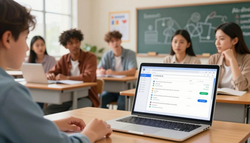 A modern classroom setting, featuring a diverse group of students engaged in using a laptop with an AI grading tool displayed on the screen. The foreground includes a close-up of the laptop, with an interactive interface showcasing a digital grading system filled with feedback and grade predictions. In the middle ground, students of various ethnicities, all dressed in professional casual attire, express curiosity and collaboration while discussing the feedback. The background reveals a chalkboard with educational diagrams and motivational posters, softly blurred to keep the focus on the students. The lighting is bright and natural, streaming in through large windows, creating an optimistic and focused atmosphere. The overall mood conveys a sense of exploration and innovation in education, highlighting the integration of technology in learning. A modern classroom setting, featuring a diverse group of students engaged in using a laptop with an AI grading tool displayed on the screen. The foreground includes a close-up of the laptop, with an interactive interface showcasing a digital grading system filled with feedback and grade predictions. In the middle ground, students of various ethnicities, all dressed in professional casual attire, express curiosity and collaboration while discussing the feedback. The background reveals a chalkboard with educational diagrams and motivational posters, softly blurred to keep the focus on the students. The lighting is bright and natural, streaming in through large windows, creating an optimistic and focused atmosphere. The overall mood conveys a sense of exploration and innovation in education, highlighting the integration of technology in learning.