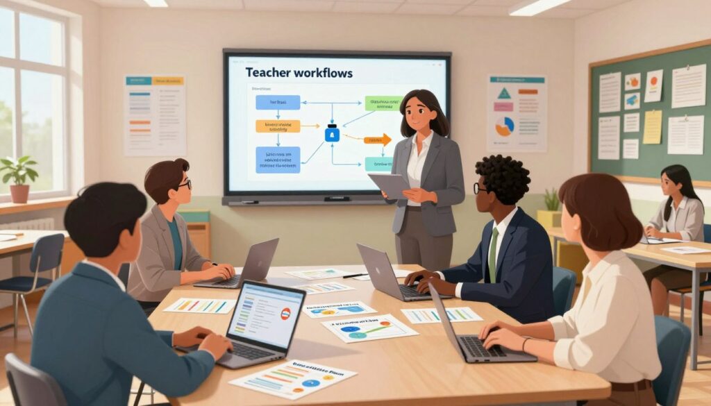 A modern classroom setting highlighting "teacher workflows" designed to support students with learning disabilities. In the foreground, a diverse group of teachers, dressed in professional business attire, collaborate at a long table covered with laptops, charts, and individualized education plans (IEPs). In the middle ground, a digital whiteboard displays colorful charts illustrating efficient workflows and AI tools for personalized learning. The background features a bright, spacious classroom filled with educational posters and resources that promote inclusivity. Soft, natural lighting streams in from large windows, creating an inviting atmosphere. The mood is focused yet supportive, emphasizing teamwork and innovation in educational practices.