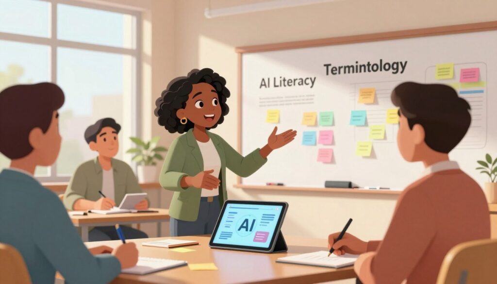 A modern classroom setting with a diverse group of educators engaged in a collaborative discussion about AI tools. In the foreground, a middle-aged Black female teacher in professional attire enthusiastically gestures towards a digital tablet showcasing AI-related infographics. Adjacent, a Hispanic male educator, dressed casually, takes notes while observing. In the middle, a stylish whiteboard displays keywords like "AI Literacy" and "Terminology," covered with colorful post-it notes. The background shows large windows letting in warm, natural light, creating an inviting atmosphere. Soft shadows subtly enhance the scene, emphasizing focus on the educators. A sense of curiosity and collaboration permeates the image, capturing the essence of building AI literacy in education.