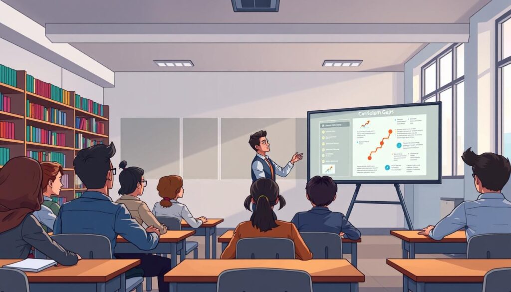 A modern classroom setting, with a teacher standing in front of a digital whiteboard displaying a visual representation of curriculum gaps. The foreground shows students of diverse backgrounds intently engaged, their faces illuminated by the board's glow. The middle ground features desks arranged in a semicircle, creating an interactive learning environment. In the background, shelves of books and educational resources line the walls, suggesting a well-equipped institution. The scene is lit by a combination of natural light filtering through large windows and subtle, diffused lighting, creating a contemplative, analytical atmosphere. The overall composition conveys the idea of using advanced analytics and machine learning to identify and address deficiencies in educational curricula.