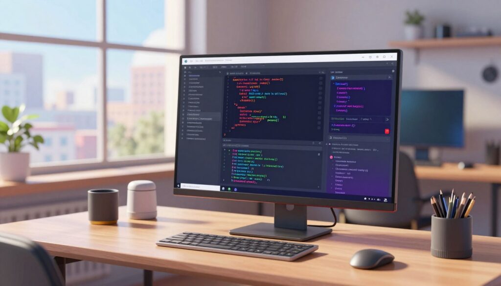 A modern context-aware editor interface displayed prominently in the foreground, showcasing an array of code snippets and AI-generated suggestions. The middle section features a sleek computer screen with vibrant colors reflecting a dynamic coding environment, surrounded by a contemporary workspace including a stylish desk, smart lighting, and tech gadgets. In the background, a large window reveals a bright, sunlit urban landscape, enhancing the space's productivity atmosphere. Soft, diffused lighting casts gentle shadows, creating a professional yet inviting mood. Use a wide-angle lens effect to emphasize the depth of the workspace, focusing closely on the intricate details of the editor’s interface, highlighting its intelligent features and user-friendly design.