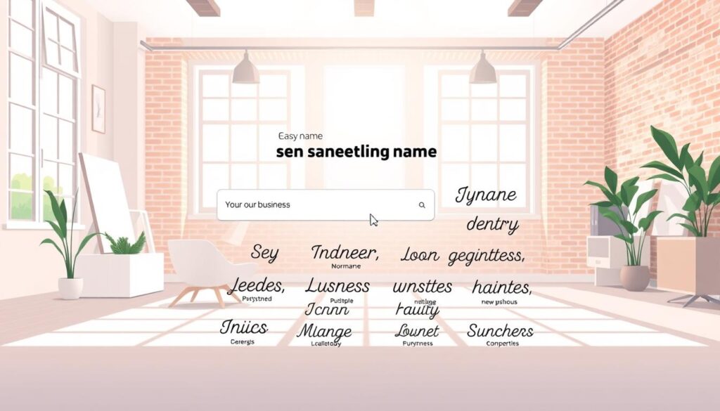 A modern, minimalist business name generator interface set against a bright, airy studio backdrop. The foreground features a sleek, intuitive web application with a clean, uncluttered layout and a prominent text input field inviting the user to generate a new business name. The middle ground showcases an array of elegant, typographic business name suggestions, each presented in a refined, professional font. The background depicts a sun-drenched, contemporary office space with large windows, exposed brick walls, and sparse, designer furniture, creating a welcoming, productive atmosphere.