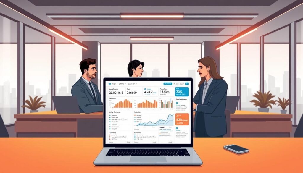 A modern, minimalist office setting with a large desk and a laptop displaying a dashboard of employee sentiment analytics. In the foreground, a data visualization showing trending emotions, sentiment scores, and text excerpts from employee feedback. In the middle ground, a team of business analysts reviewing the data, with facial expressions conveying thoughtful concentration. The background features sleek, monochromatic decor and floor-to-ceiling windows overlooking a cityscape, creating a professional, high-tech atmosphere. Warm, directional lighting from the side casts a subtle glow, enhancing the mood of data-driven decision making. A modern, minimalist office setting with a large desk and a laptop displaying a dashboard of employee sentiment analytics. In the foreground, a data visualization showing trending emotions, sentiment scores, and text excerpts from employee feedback. In the middle ground, a team of business analysts reviewing the data, with facial expressions conveying thoughtful concentration. The background features sleek, monochromatic decor and floor-to-ceiling windows overlooking a cityscape, creating a professional, high-tech atmosphere. Warm, directional lighting from the side casts a subtle glow, enhancing the mood of data-driven decision making.