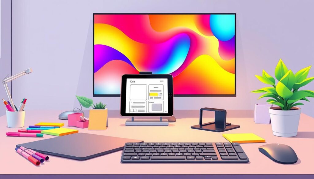 A modern, minimalist workspace with an array of vibrant, tactile coding tools. In the foreground, a sleek laptop and mechanical keyboard in a muted tone, surrounded by a collection of pastel-colored markers, sticky notes, and a small potted plant. The middle ground features an elegant tablet propped up, its screen displaying a stylized wireframe interface. In the background, a large monitor showcases a dynamic color palette and abstract geometric shapes, casting a warm, ambient glow across the scene. The overall composition conveys a sense of creativity, focus, and the synergy between digital and physical design elements. A modern, minimalist workspace with an array of vibrant, tactile coding tools. In the foreground, a sleek laptop and mechanical keyboard in a muted tone, surrounded by a collection of pastel-colored markers, sticky notes, and a small potted plant. The middle ground features an elegant tablet propped up, its screen displaying a stylized wireframe interface. In the background, a large monitor showcases a dynamic color palette and abstract geometric shapes, casting a warm, ambient glow across the scene. The overall composition conveys a sense of creativity, focus, and the synergy between digital and physical design elements.