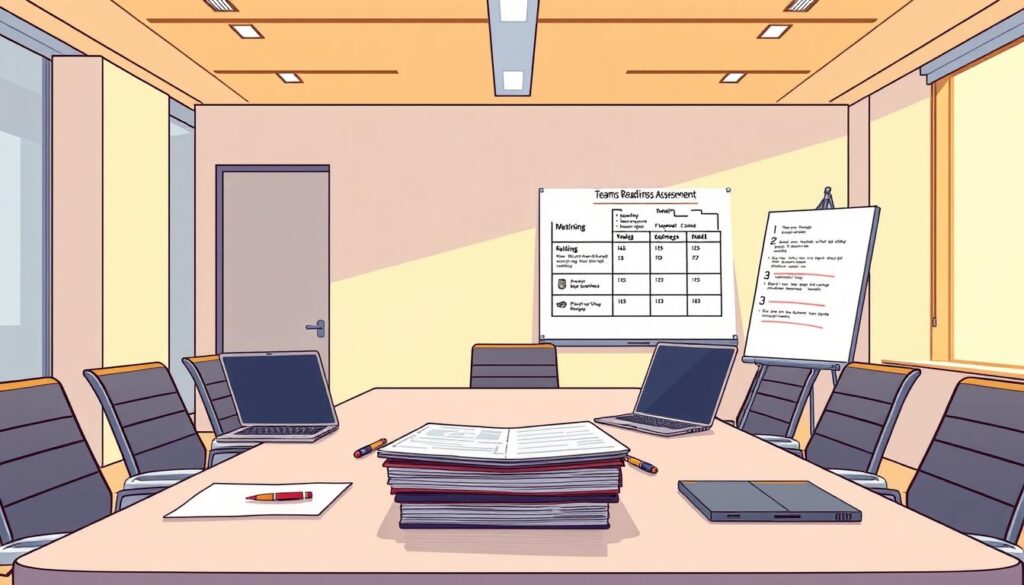 A modern office interior with a large conference table, surrounded by chairs, and a whiteboard on the wall. The lighting is warm and natural, creating a professional yet inviting atmosphere. On the table, there are laptop computers, pens, and a stack of documents, suggesting an active team meeting or assessment session. The whiteboard has a partially filled-out "Teams Readiness Assessment" template, with metrics and progress indicators. The room is filled with a sense of collaboration and strategic planning. A modern office interior with a large conference table, surrounded by chairs, and a whiteboard on the wall. The lighting is warm and natural, creating a professional yet inviting atmosphere. On the table, there are laptop computers, pens, and a stack of documents, suggesting an active team meeting or assessment session. The whiteboard has a partially filled-out "Teams Readiness Assessment" template, with metrics and progress indicators. The room is filled with a sense of collaboration and strategic planning.