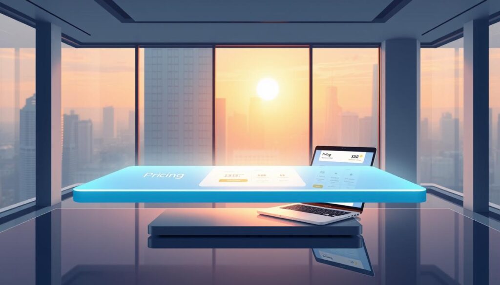 A modern office space with a clean, minimalist aesthetic. In the foreground, a sleek, floating pricing table hovers above a glossy desk, its edges glowing with a soft, ambient light. The middle ground features a laptop displaying a pricing plan configuration interface, its screen casting a warm glow across the scene. In the background, floor-to-ceiling windows offer a panoramic view of a bustling cityscape, with the sun casting long shadows and a gentle haze. The overall mood is one of sophistication, efficiency, and a sense of control over the pricing and access to a premium AI-powered service.