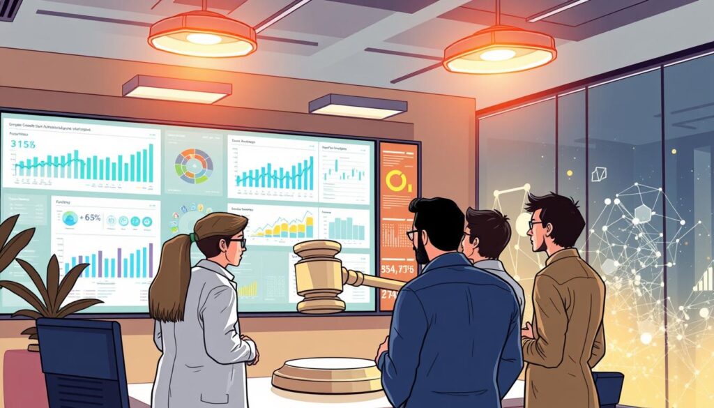 A modern office workspace with a large wall-mounted display showcasing dynamic analytics dashboards and visualizations. The foreground features a team of data scientists and analysts closely examining the data, engaged in animated discussion. The middle ground depicts a 3D model of a court gavel, symbolizing the legal setting, while the background is filled with abstract geometric patterns and data elements, evoking a sense of advanced technology and predictive analysis. Warm lighting from overhead fixtures creates a focused, professional atmosphere, and the camera angle captures the scene from a slightly elevated perspective to convey a sense of authority and insight.